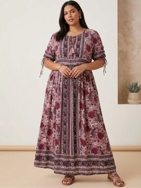 Pink Floral Boho Maxi Dress Size 16 Peasant Cottagecore Fairy Festival